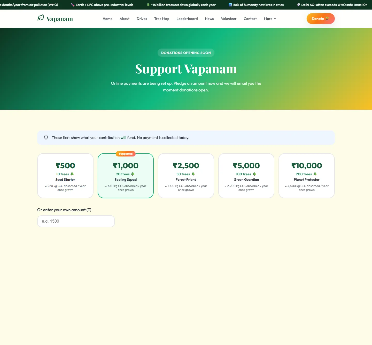 The Vapanam donate page with five donation tiers in rupees