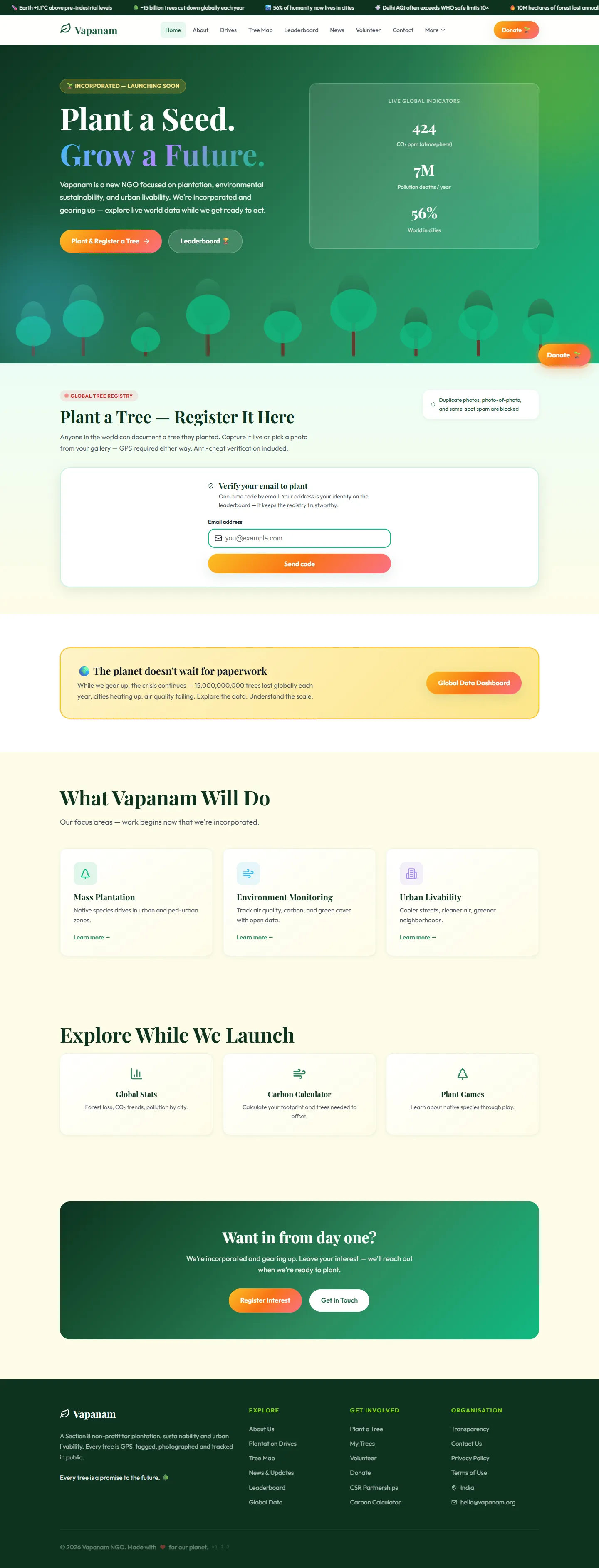 The Vapanam homepage: “Plant a Seed. Grow a Future.” with live global indicators, the tree registration form and focus areas